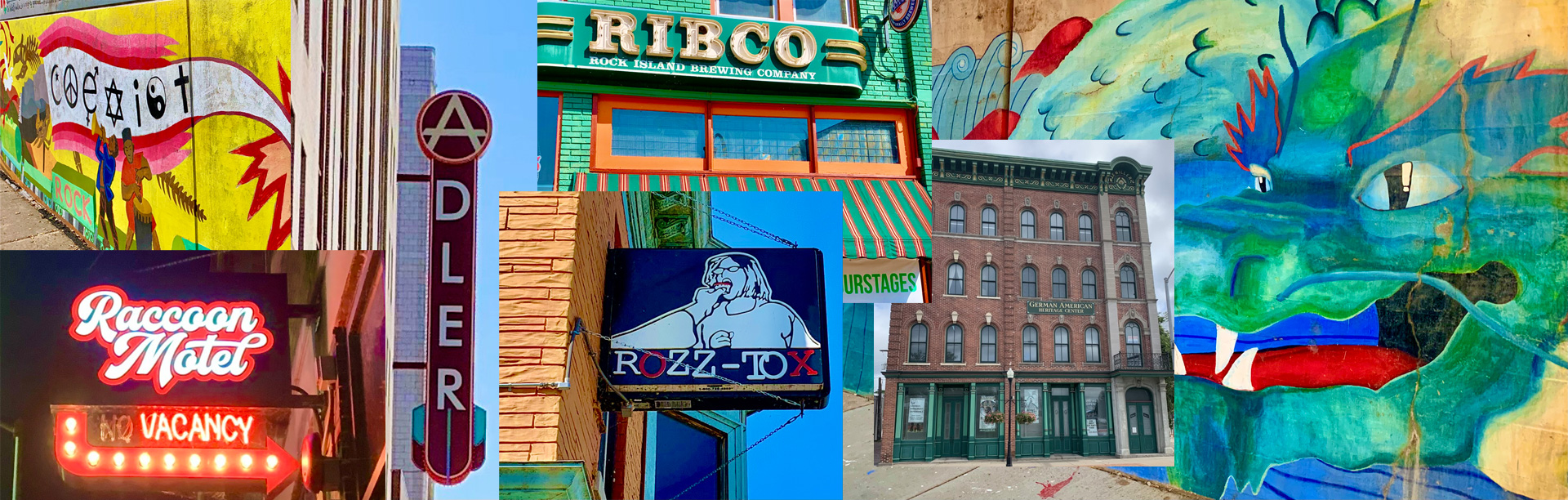 Photo montage of murals and buildings around the Quad Cities